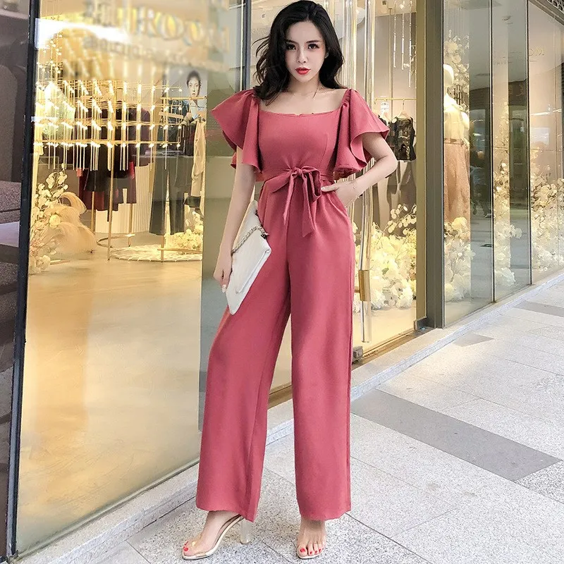 

2019 Strapless Butterfly Sleeve Jumpsuits Women Elegant Solid Ruffles Rompers High Street Wide Leg Flounce Tube Jumpsuit