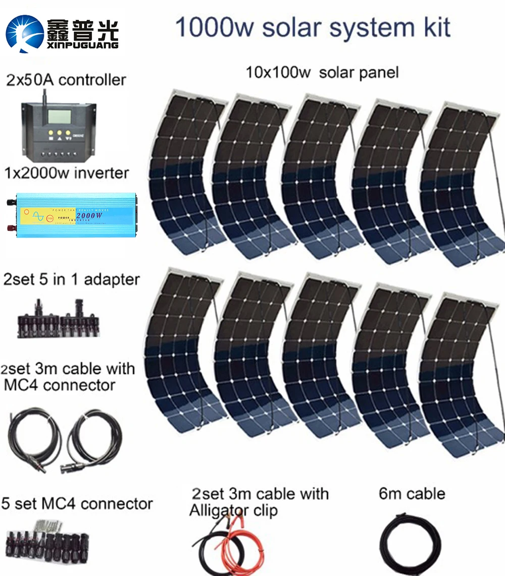 10 шт. 100 Вт гибкие солнечные панели 1000 солнечной системы комплект контроллер 2000 Вт Инвертор MC4 Соединительный Кабель-адаптер для батарей 12В