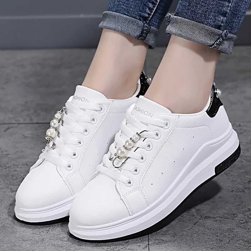 

Sexy ladies shoes Rhinestone wedges sneakers synthetic solid white shoes 2018 trendy women casual shoes chaussures femme