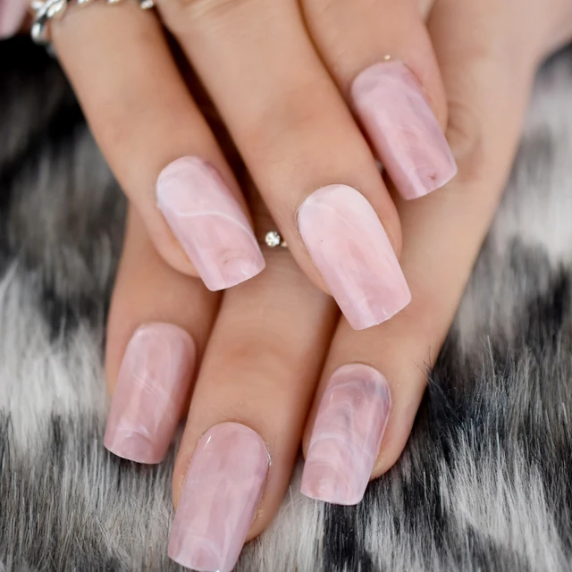 Square Head False Nails Tips Pink Marble Texture Fake Nail Acrylic Square Head False Nails Tips Pink Marble Texture Fake Nail Acrylic Full Wrap Artificial