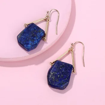 

Hui Dang Fashion Gold Plating Geometric Natural Semi Precious Lapiz Quartz Stone Drop Statement Earrings for Women