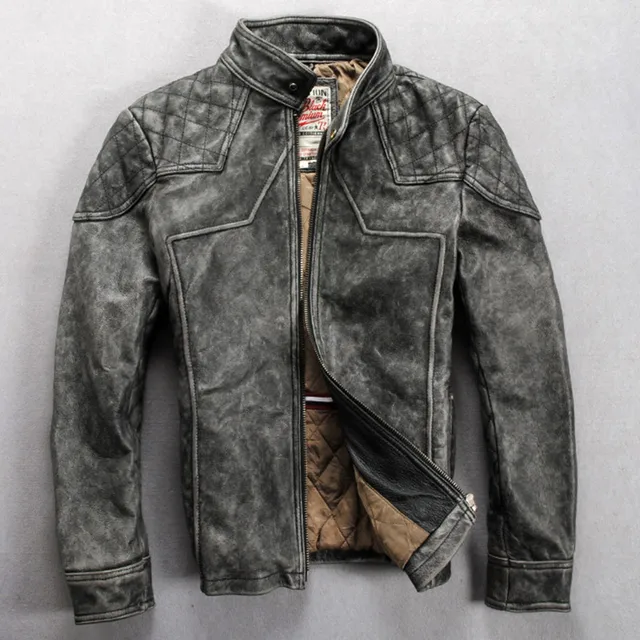 Vintage Leather Jacket >> Men S Vintage Leather Motorcycle Jacket Gray Slim Fitted Mandarin Vintage Leather Jacket >> Men S Vintage Leather Motorcycle Jacket Gray Slim Fitted Mandarin