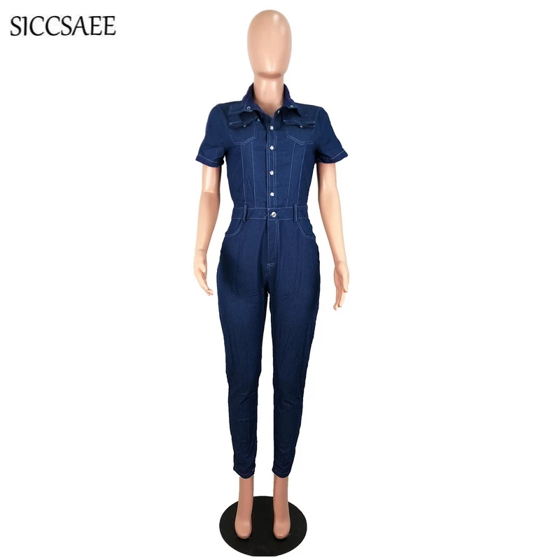 Turn Down Collar Denim Rompers Womens Jumpsuit Long Pants Bodycon Bandage Overalls Short Sleeve Button Front Sexy Mono Mujer Turn Down Collar Denim Rompers Womens Jumpsuit Long Pants Bodycon Bandage Overalls Short Sleeve Button Front Sexy Mono Mujer
