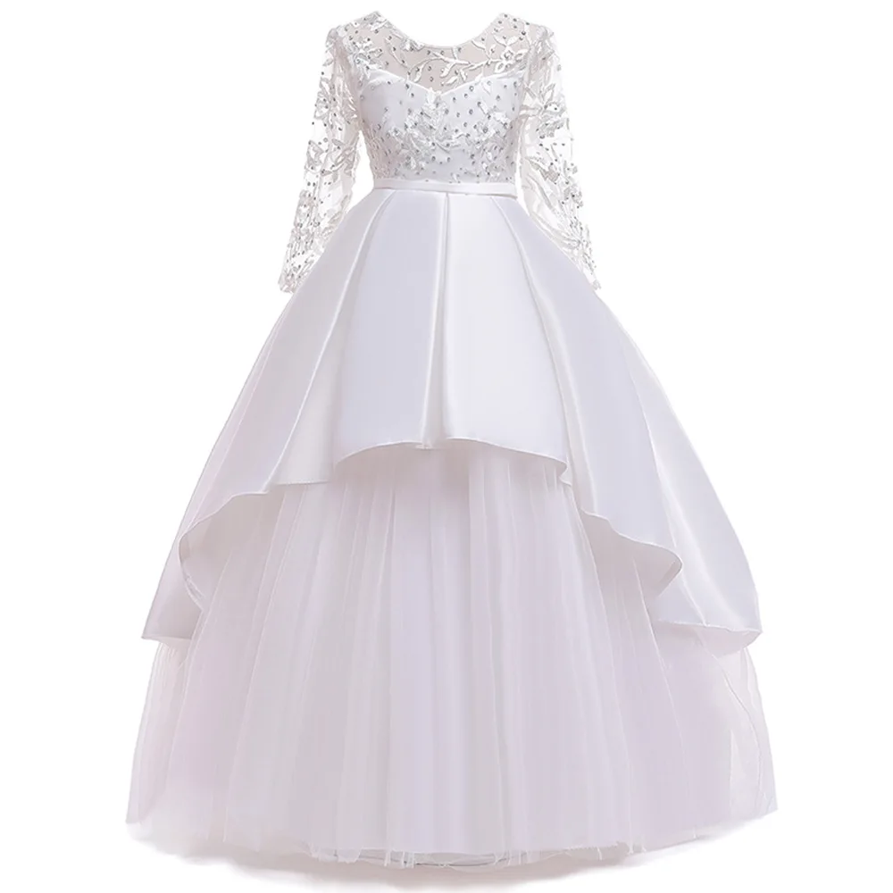 

Top Sale Ballgown Long Sleeves Lace Flower Girl Dresses for Wedding Long Beaded Birthday Girls Pageant Dress