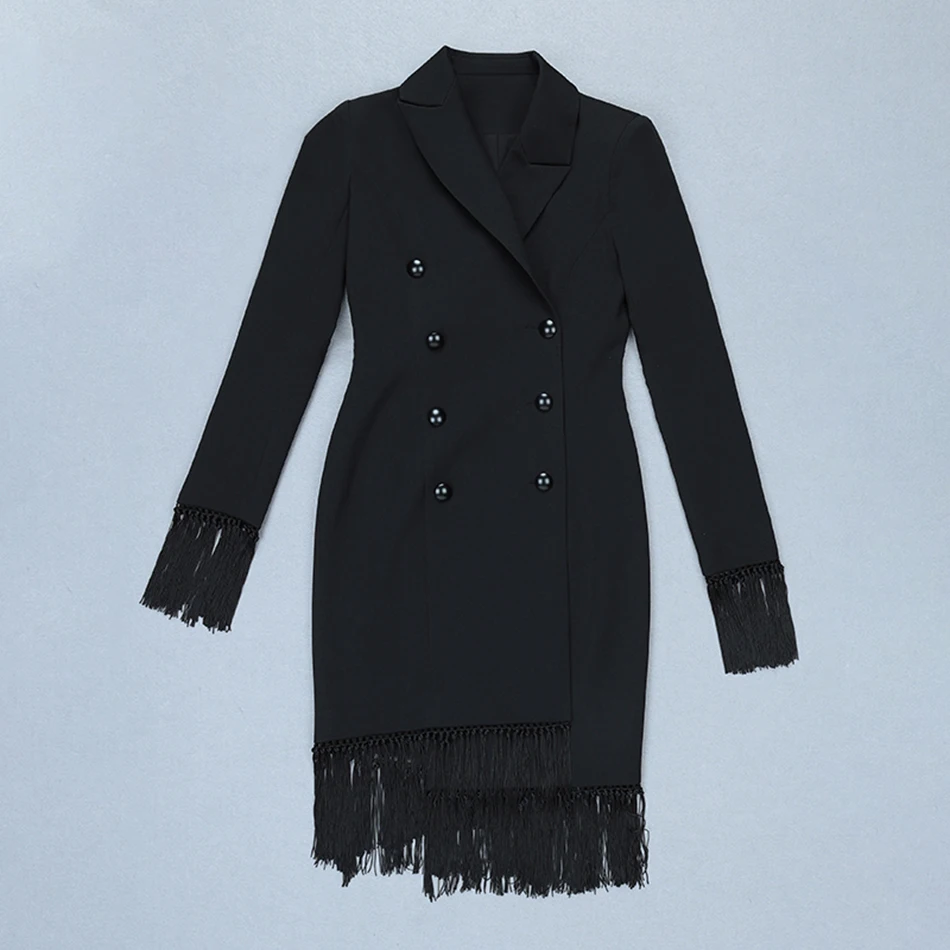 Новая Элегантная черная Женская ветровка с длинными рукавами и кисточками, двубортное тонкое платье, праздничное пальто знаменитостей, Vestidos