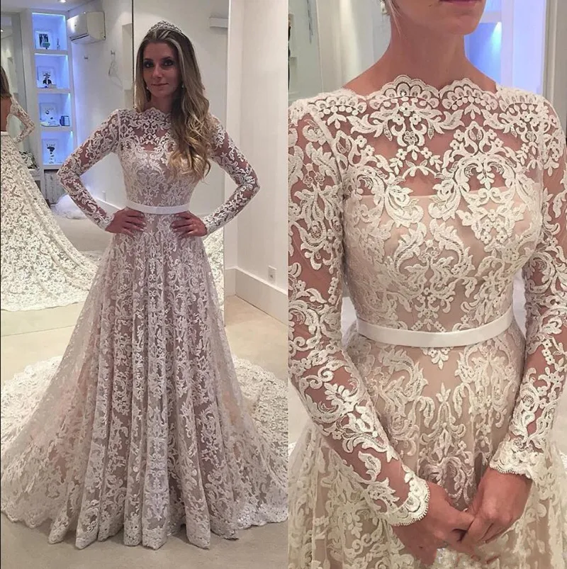

Simple and Cheap Wedding Dress with Lace Appliques Long Sleeves See Through Back Robe De Soiree Classic Bridal Gowns with Belt