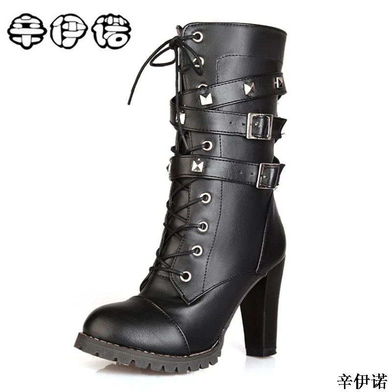 

2017 new high heels boots side zipper rivets punk ankle boots with Martin boots large size women's shoes 34-48