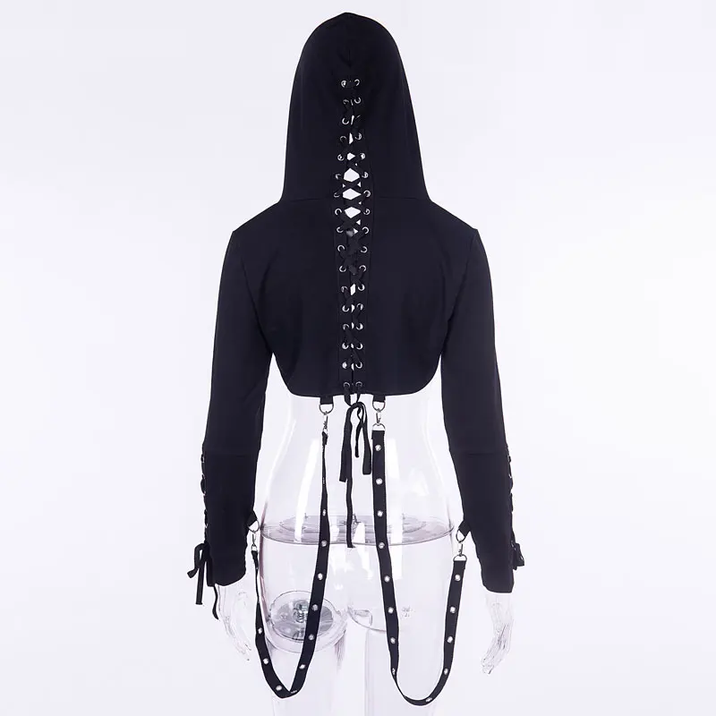 Black Short Hooded Top Gothic Punk Long Sleeve Hoodies Streetwear Fashion Women Tops Coats Halloween Solid Dark Bandage Hoodeds