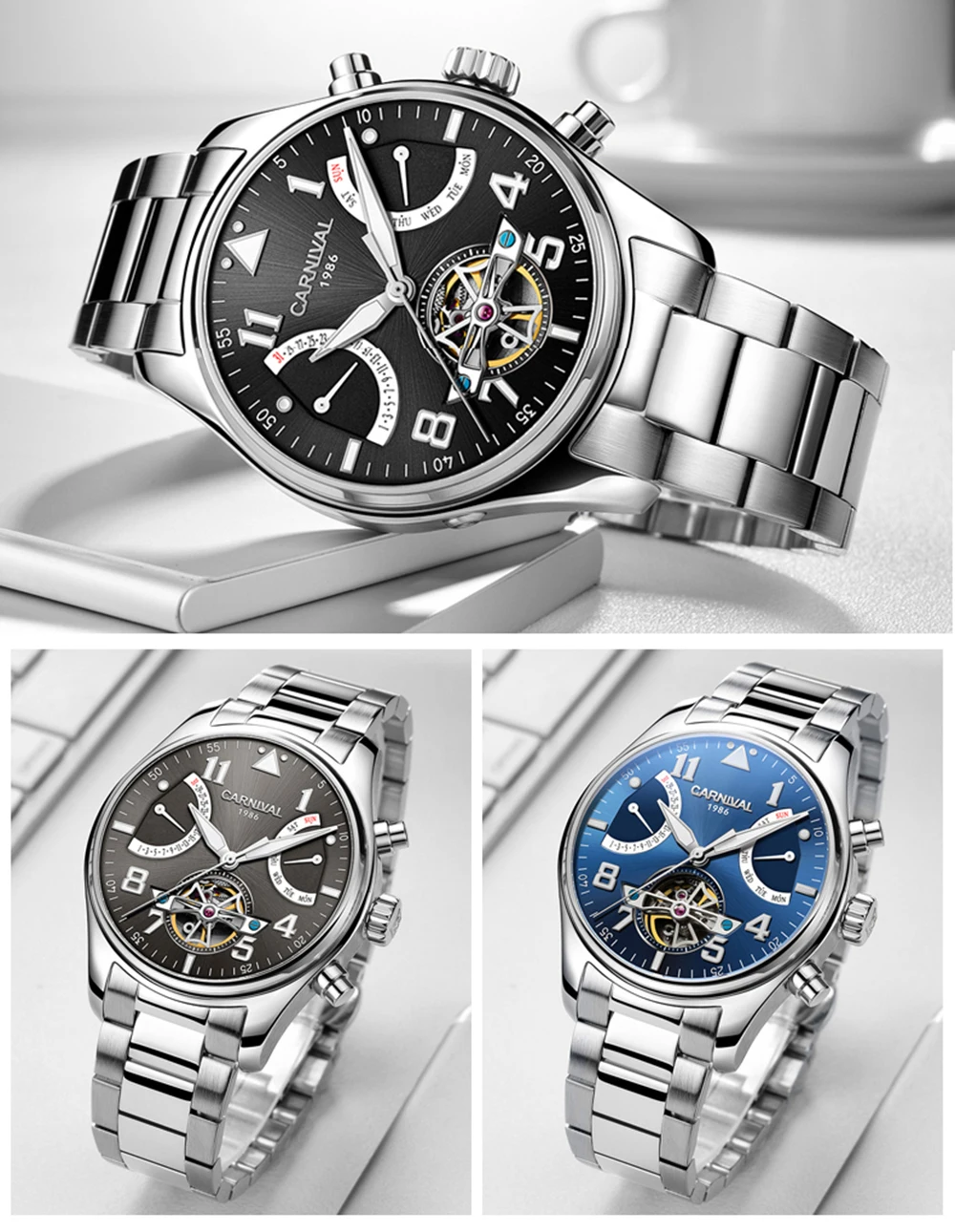

Carnival Tourbillon Mechanical Watch Men Switzerland Skeleton Pilot Wristwatch 25 Jewels Luxury Luminous Clock silver black