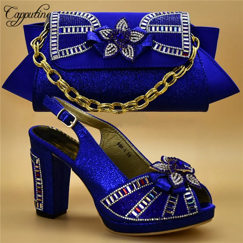 

Capputine New Arrival Party Blue Shoes And Bag Set Nigerian Fashion High Heels 10CM Shoes And Bag Set For Party On Stock DF-19