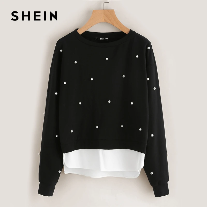 Achat Sweat SHEIN femme perles perles 2 en 1 sweat automne femmes sweat noir manches longues pulls élégants