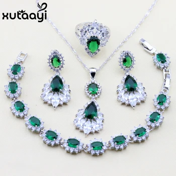 

XUTAAYI Green Created Emerald White Stones Fashion Silver Jewelry color Sets Superior Necklace Rings Earrings Bracelet