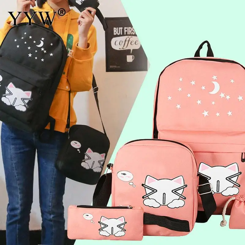 4cs/Набор Холст Для женщин рюкзаки школьный печать милый кот школьная сумка рюкзак для девочек-подростков сумка рюкзак Moclila