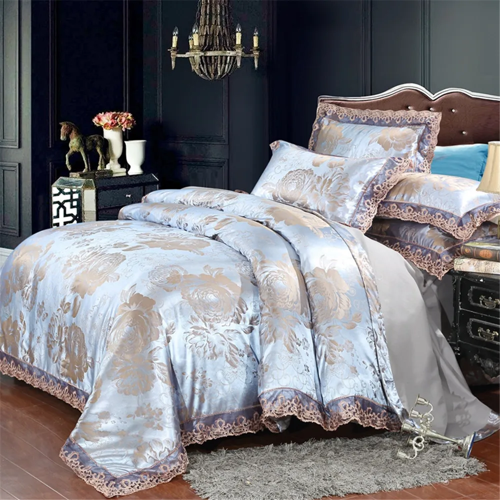 Jacquard Silver gray Bedding Set 4pcs Duvet Cover Bed Sheet Pillowcase