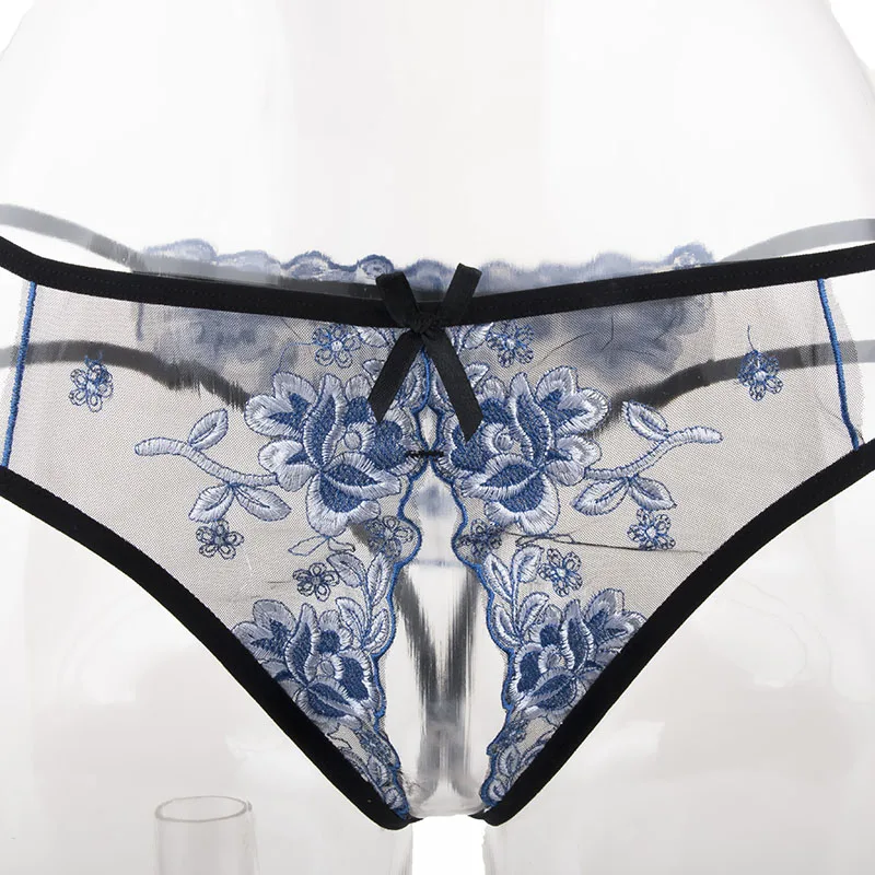 

Exotic Hollow Out Perspective Design Low-waist Seamless Lace Flower Embroidery Open Crotch Panties Sexy Thongs G-String Wear