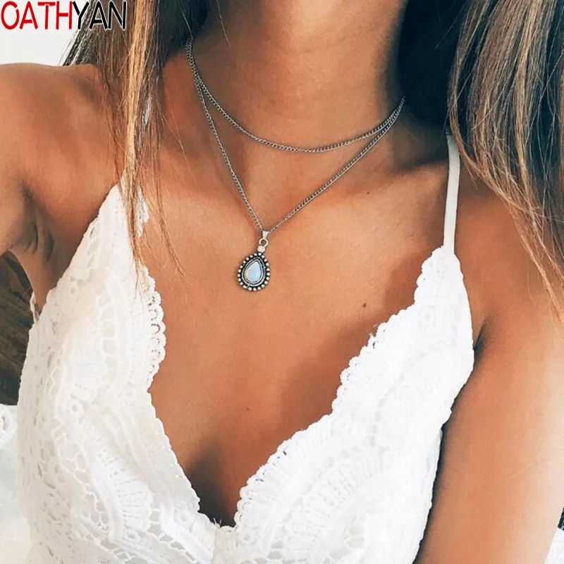 

OATHYAN Women's Minimalist Jewelry Vintage Bohemian Stone Water Drop Pendants Double Layered Necklaces Female Initial Necklace