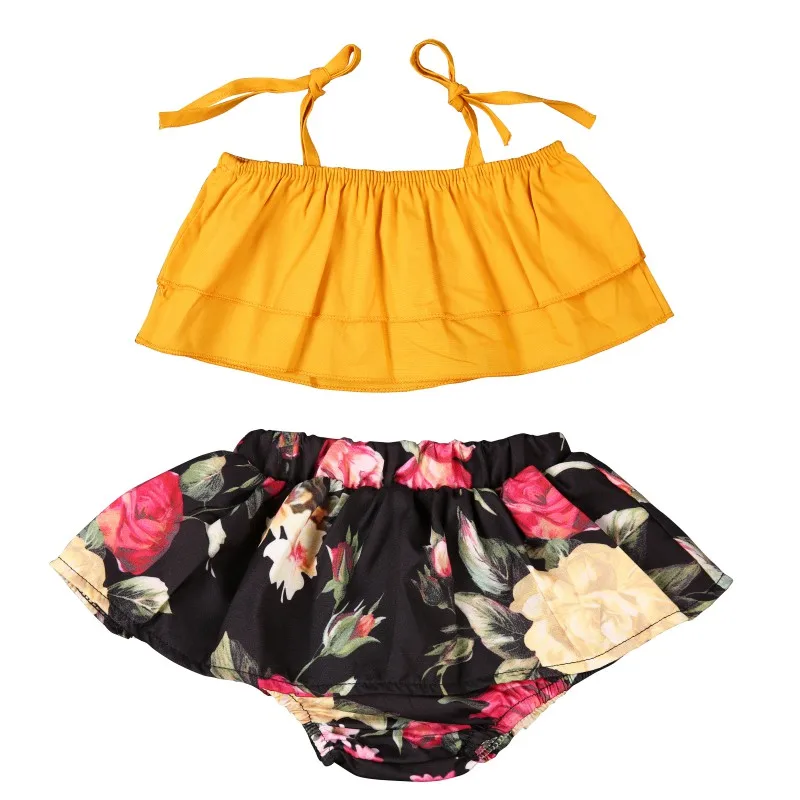 

New 2Pcs/Set Sister Match Summer Outfits Off shoulder Strap Crop Tops Floral Tutu Baby Bloomers Shorts Skirt