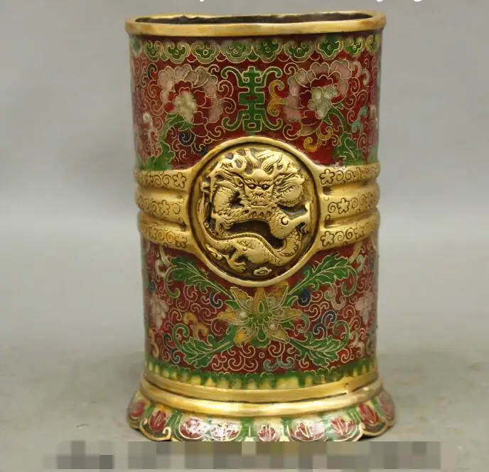 

S01535 Marked Chinese Bronze Cloisonne Longevity Dragon Statue pencil vase brush pot (B0413)