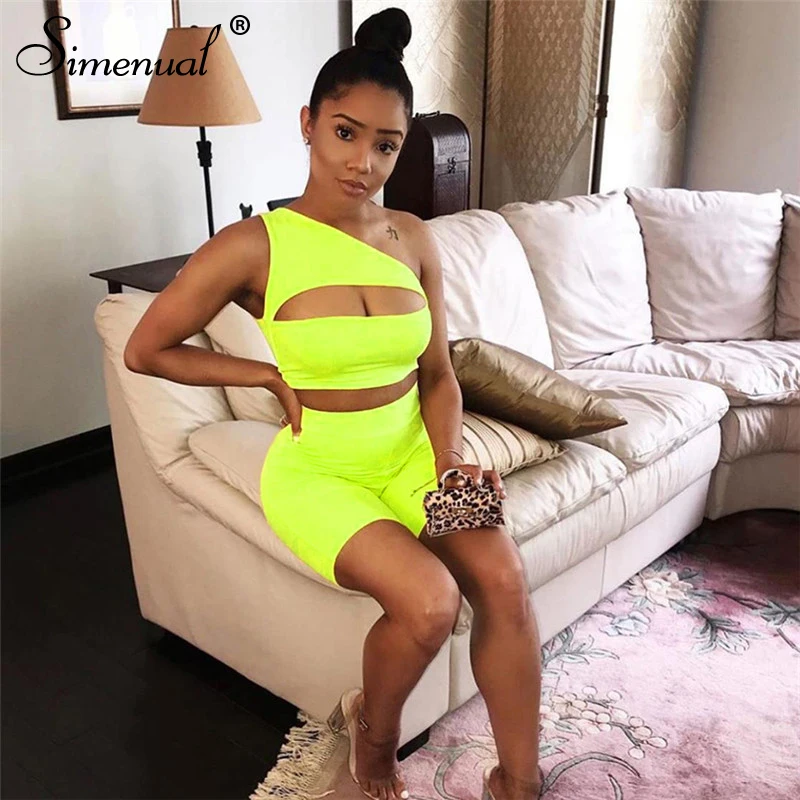 Casual Tracksuits Cut Out Crop Top And Biker Shorts Sets Neon Color og0682