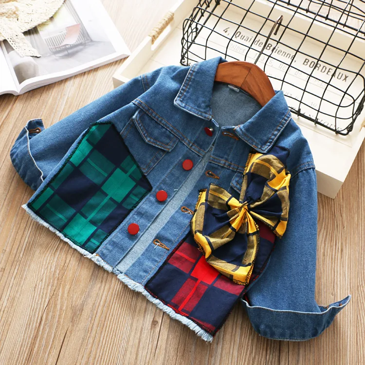 

Kids Girls Plaid Patchwork Bow Denim Jackets Outwears Classic Vintage Fashion Children Winter Coats