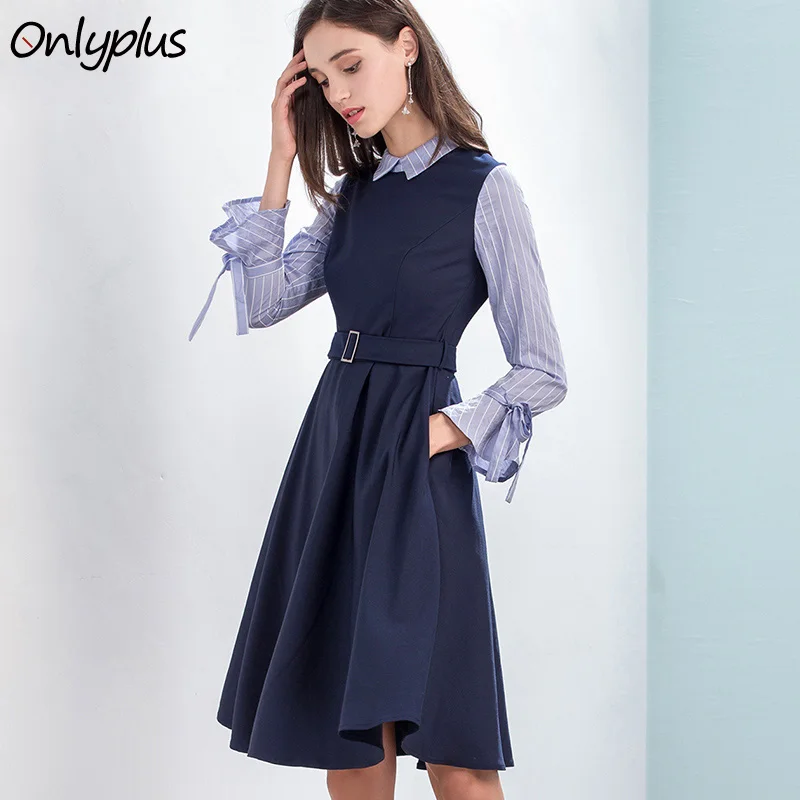 

Onlyplus Autumn Spring Fashion A-Line Shirt Dress Flare Sleeve Belt Pocket False Two Pieces Vintage Office Lady Women Dresses