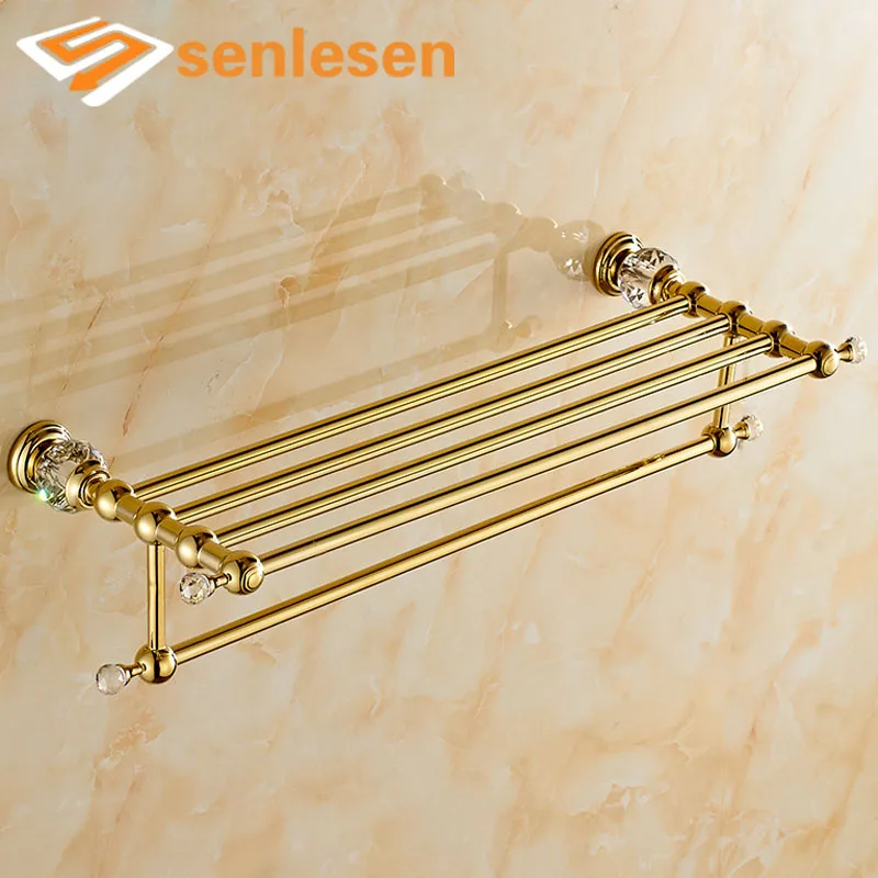 Wholesale And Retail Luxury Golden Brass Bathroom Towel Rack Holder Wall Mounted Towel Shelf W