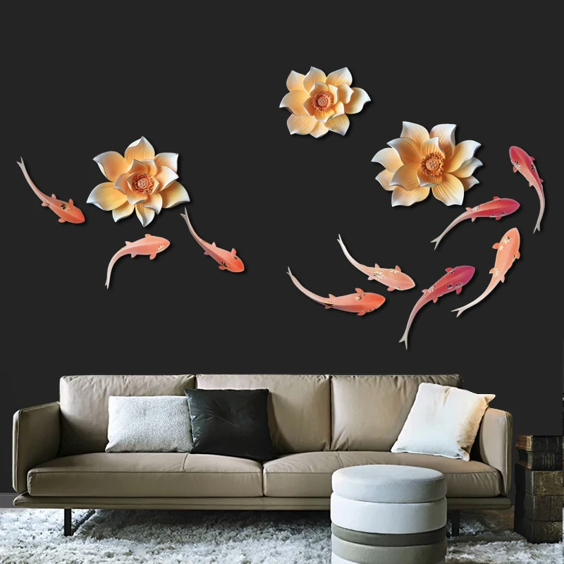 

Modern Luxury 3D Embossed Resin Flower Fish Decorative Crafts Home Livingroom Background Porch Wall Mural Wedding Decoration Art