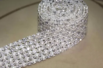 

1 Yard 6 Rows 5mm A Grade Real Diamond Rhinestone Crystal & Pearls Wedding Cake Banding Trim Cake Ribbon Sewing Decoration
