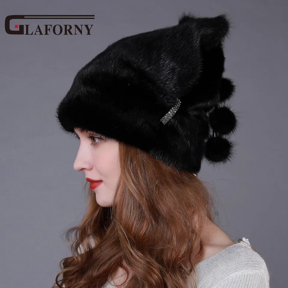 

Glaforny 2017 New Women Genuine Mink Fur Hats Whole Mink Fur Caps Best Christmas Warm Fur Beanies with 3 Mink Fur Balls