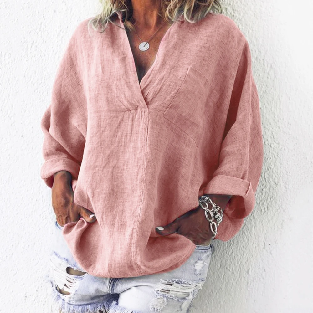 Summer Plus Size Tunic Women Cotton Linen Blouse 3XL Plus Size Female Shirt Solid V-Neck Long Sleeve Womens Tops and Blouses