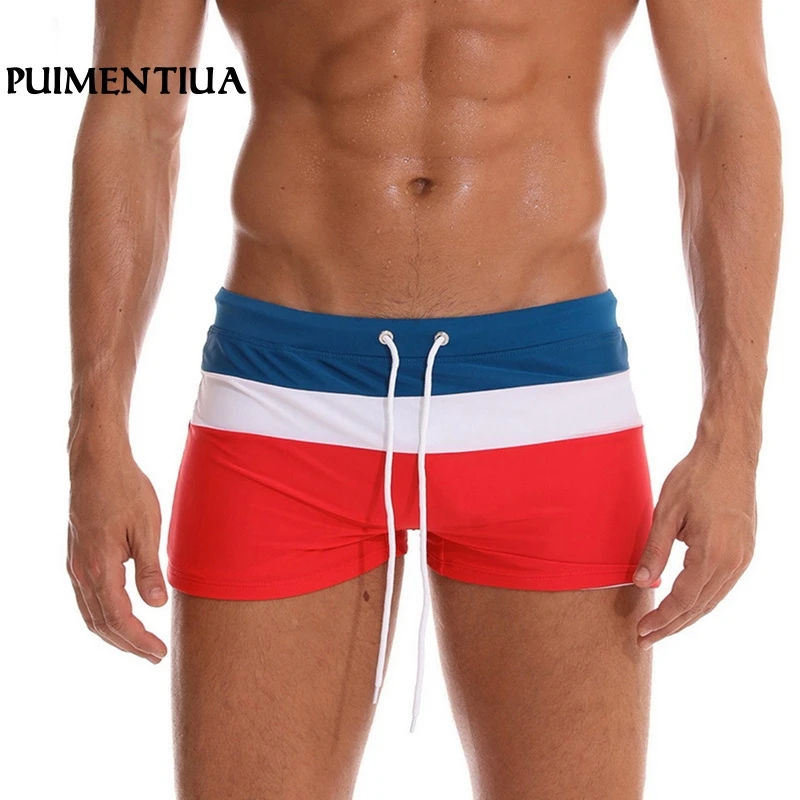

Puimentiua Summer 2019 Men's Swimming Pants Fast-drying Stripe Stitching Flat-angle Elastic Beach Shorts