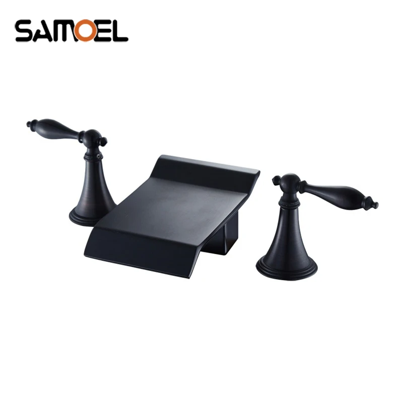Newly 3 Piece Set Deck Mounted Brass Waterfall Style Black Bathroom Basin Faucet Hole Mixers WF0316 |