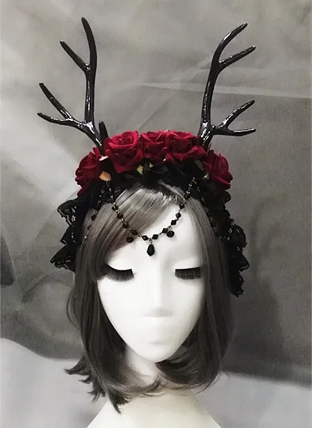 Лося повязки на голову с рогом Роза кружево Вуаль олень рога повязка на голову маскарадный костюм