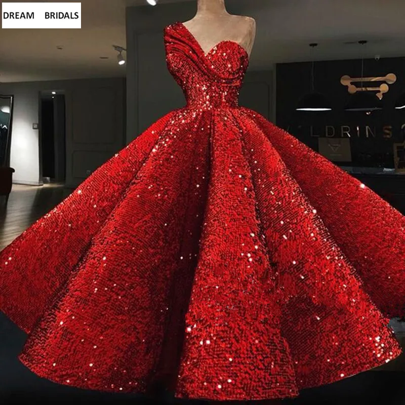 Red Sequined Elie Saab Arabic Formal Evening Dresses Long Abendkleider 2019 One-Shoulder Ruffles Ball Gowns Prom Dresses