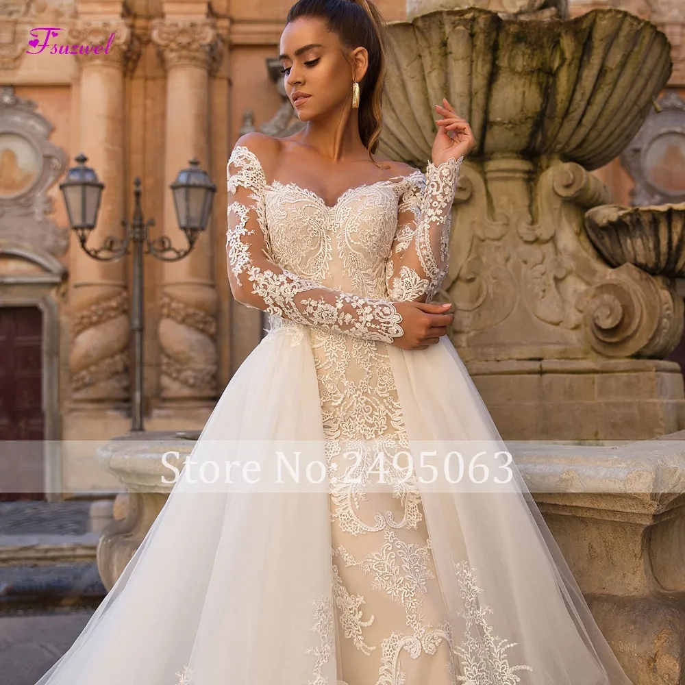 Fsuzwel Gorgeous Appliques Detachable Train Mermaid Wedding Dress 2022 New Arrival Boat Neck Long Sleeves Bridal Gown Plus size summer wedding guest dress