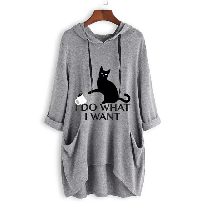 SAGACE женская одежда Повседневная футболка с принтом кошачьих ушек и капюшоном с длинным рукавом с карманом неровный Топ Женская летняя футболка с принтом большой размер* 7