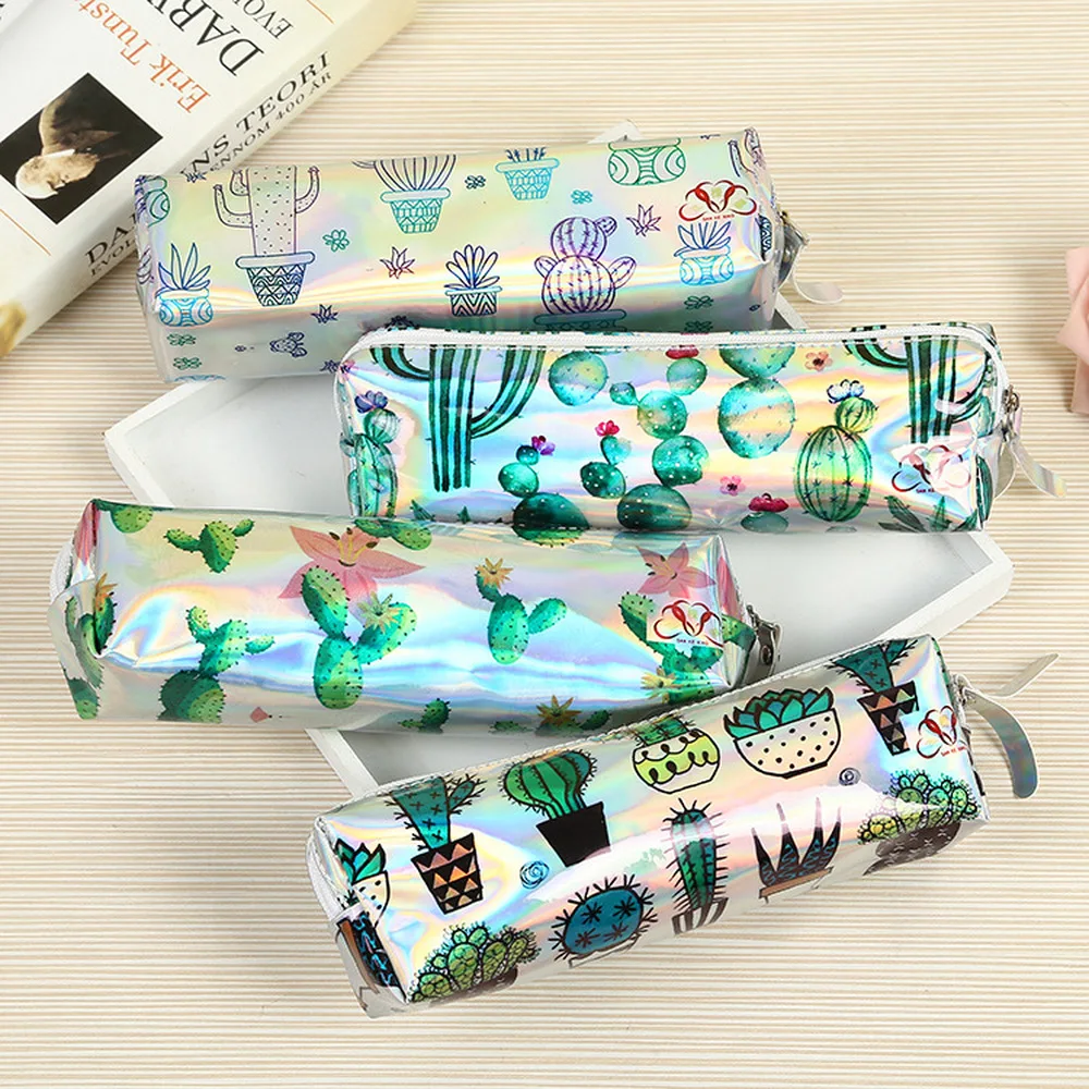 

Kawaii Laser Pencil Cases Cute Unicorn Pencil Bag Cactus Pen Case Flamingo Pencil Box Korean Stationery Office School Supplies