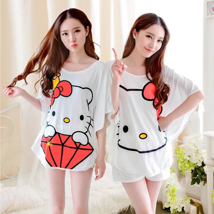 

Women Summer Casual Tracksuit Pajamas 2 Pc Nightgown Sets Cute Hello Kitty Bat Sleeve Tops Shorts Sleepwear Homewea Clothing Set
