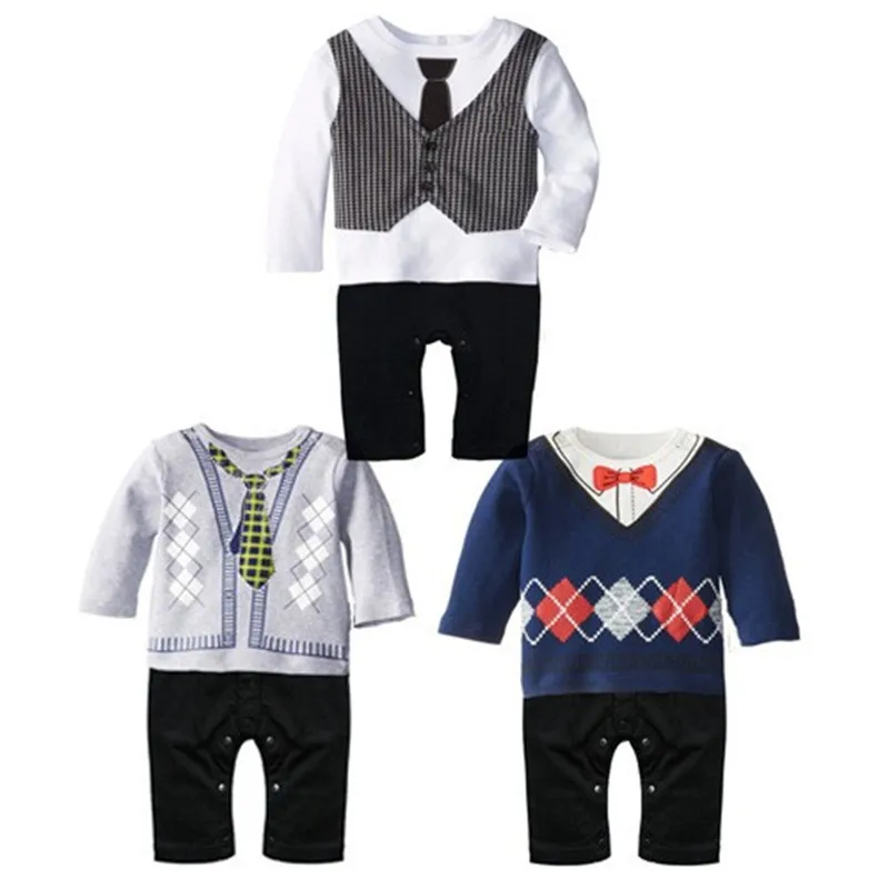 2018 Spring Baby Boy Clothes Gentleman One-piece Romper Tie Bow Print Decoration Infant  Baby Boy Jumpsuit