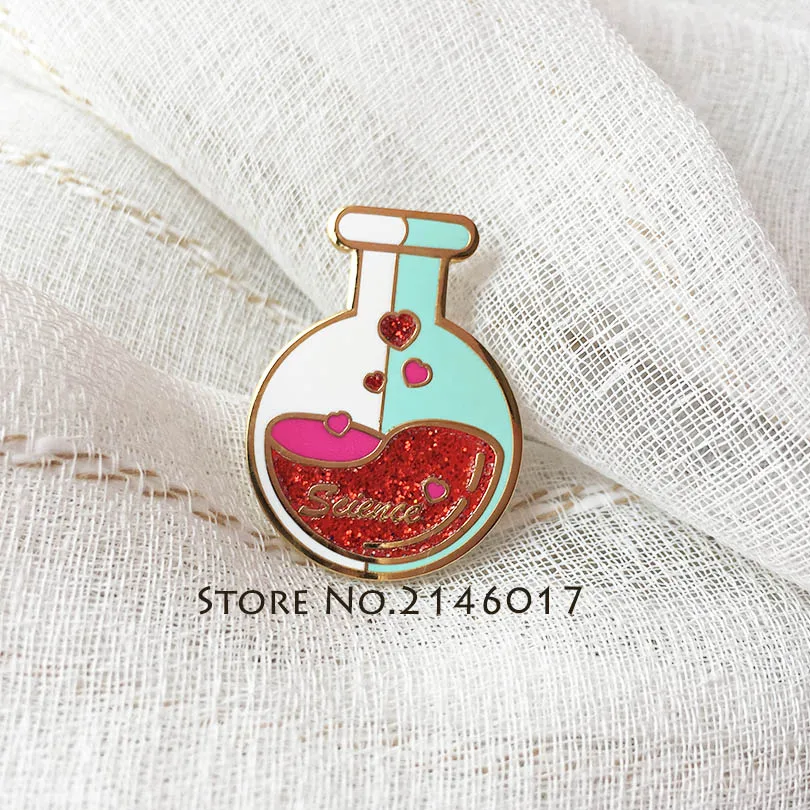 

10pcs Fantastic Hard Enamel Metal Glitter Badge Science Lapel Pin Chemical Knowledge Study Lab Flask Custom Pins and Brooch