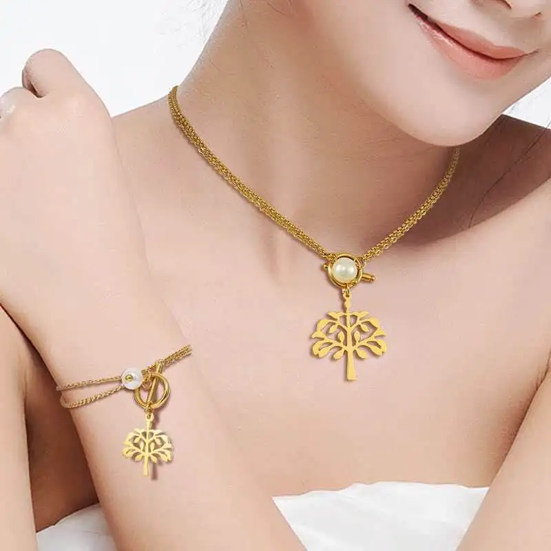 

316L Stainless Steel Link Chain Gold/Silver Choker Necklace and Bracelet Jewelry Sets Tree of Life Jewelry For Women Gift