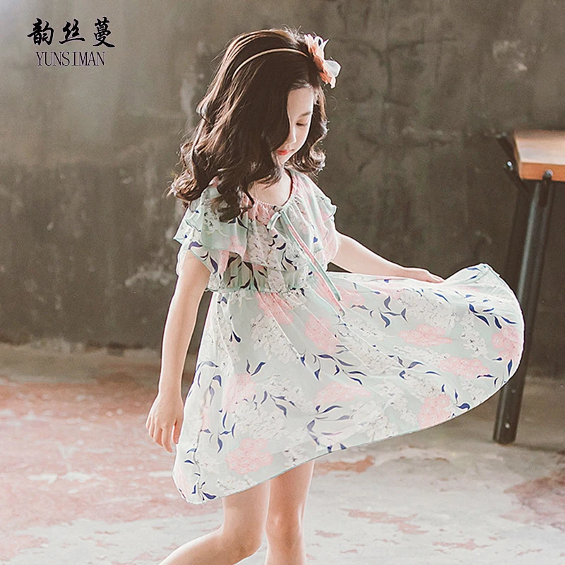 

New Girls Bohemian Dress Summer 2019 Shoulderless Flower Print Kids Chiffon Dresses Kids Holiday Clothes for 3 to 12 Years 5AB1F