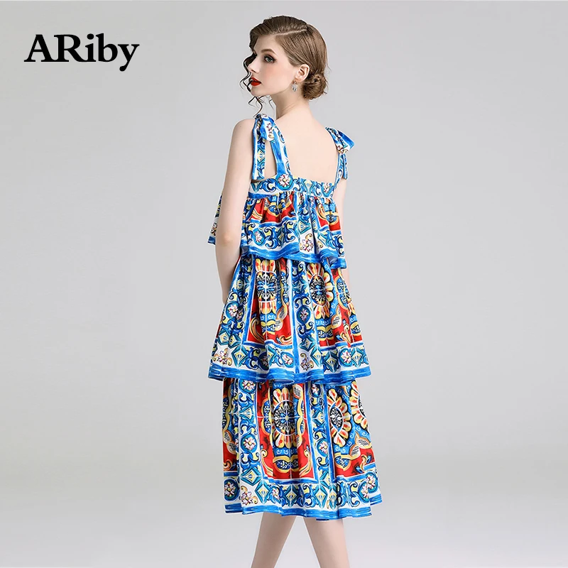 Women Dress Summer Party Square Collar Dress 2019 New Fashion Blue Printing Sling Sleeveless Multi-level Cake Sweet A-Line Dress