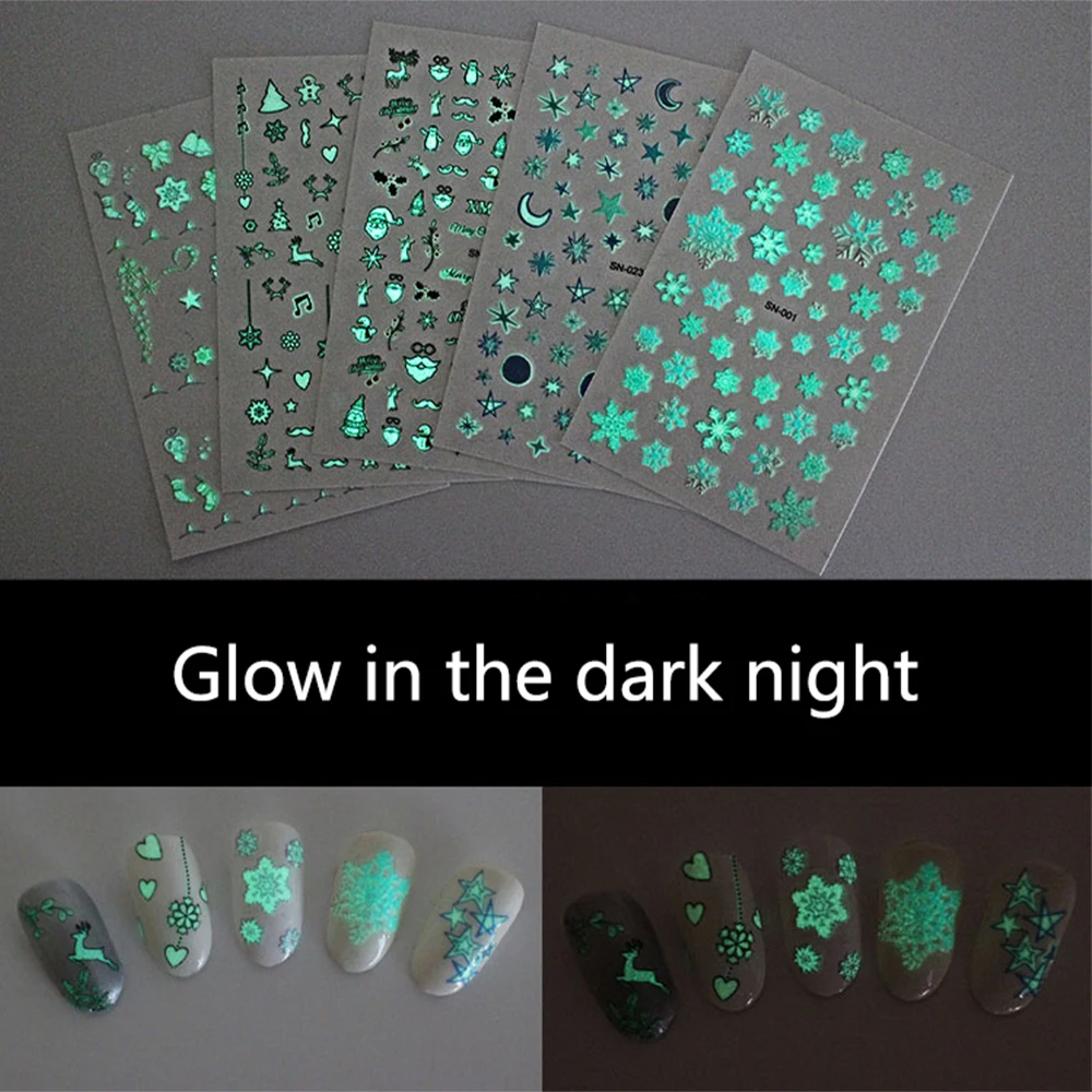 

Nail art sticker glow in the dark night snowflake bell note heart pattern self adhesive DIY nail art luminous stickers RA028