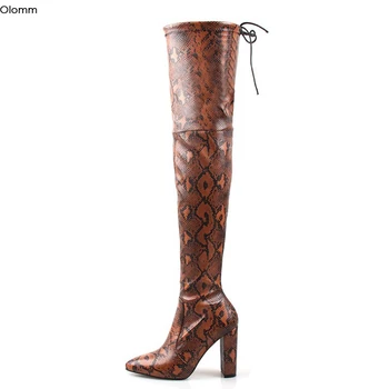 

Olomm New Arrival Women Over The Knee Boots Square High Heels Boots Pointed Toe Black Grey Brown Party Shoes Women US Size 6-9.5
