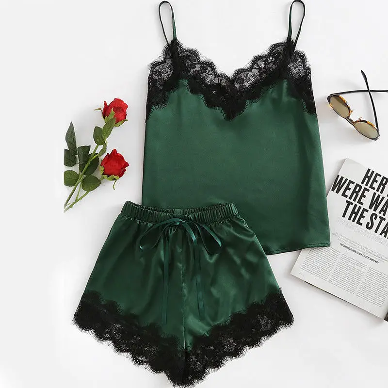 2 шт. Женский комплект сексуальной пижамы атласный шелк Babydoll кружевной топ + шорты