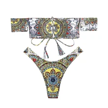 

Women's Floral Thong Bikini Bandeau Sleeve Cheeky Swimsuit Two Piece Swimwear high cut bathing suit thong swimming suit 2018