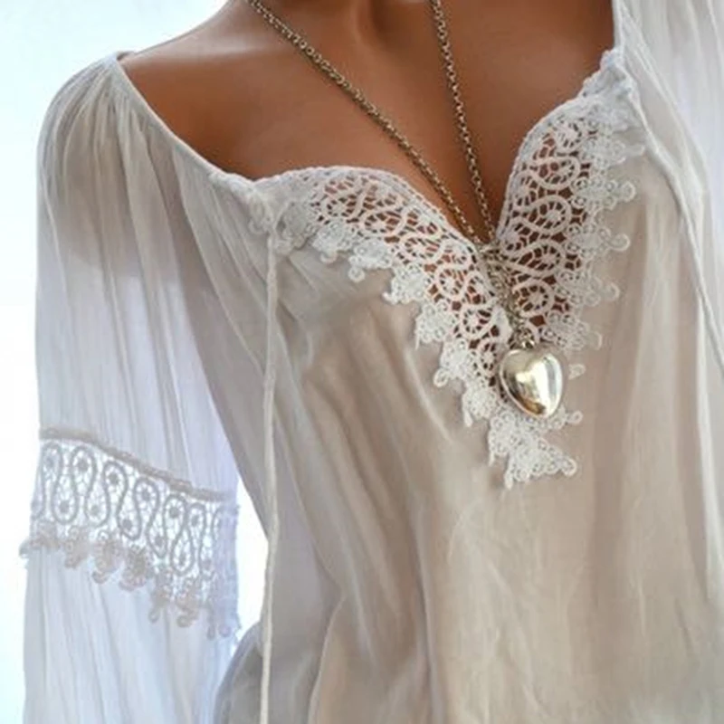 

Spring Women Lace Flower Blouse Vintage Shirt V-Neck Long Sleeve Female Tunic Casual Blouse Plus Size Mujer