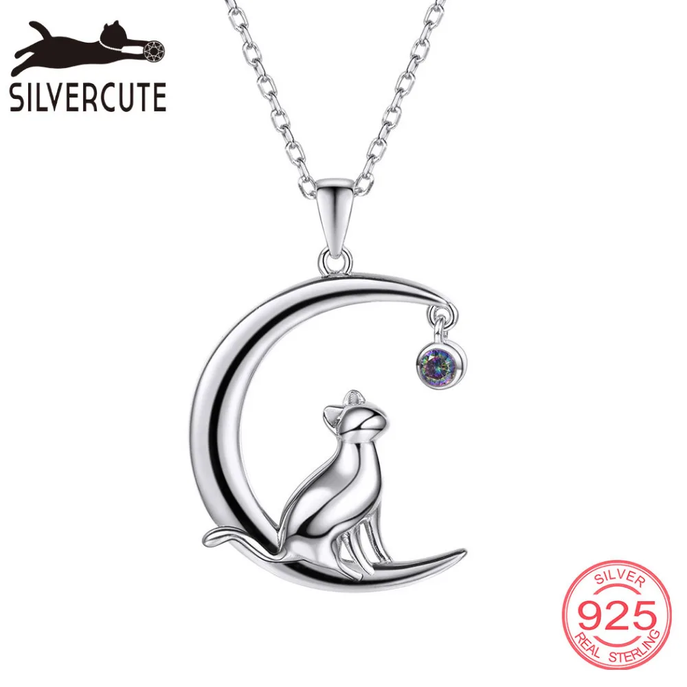 

Silvercute Cat on the Moon Necklace For Women Girls 925 Sterling Silver Kitten Pendant & Topaz Stone Fine Jewelry Gift SCP6006B