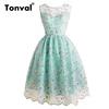 Tonval Women Little Flowers Embroidery Mesh Pink Dress Women Deep V Back Pleated Simple Summer Casual Dresses ► Photo 3/6